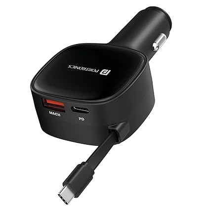 portronics car power retracto 84w 3 in 1 car charger, 80 cm retractable cable (33w type c pd), dual port (18w usb type a & 33w type c) for laptop, android, iphone, earbuds and more (black)