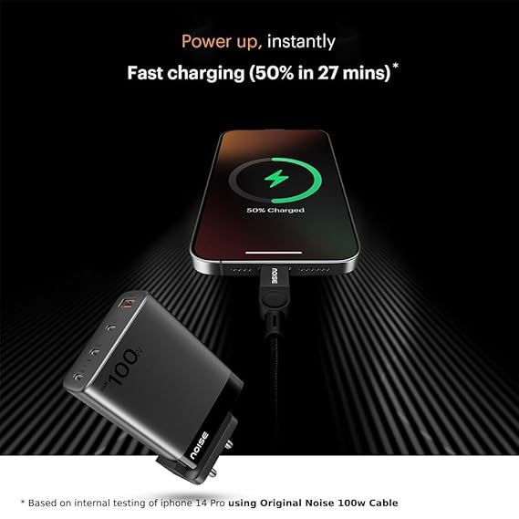 noise power series 100w gan charger: fast charging adapter, 4 ports (3 usb c + 1 usb a), globally compatible, iphone 0 to 50% in 27mins, supports all iphones, android phones, laptops, macbooks (black)