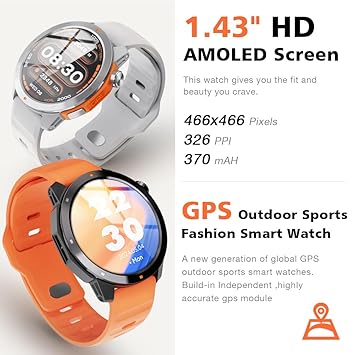 aolon gps smart watch for men, 1.43'' amoled smartwatch with compass/barometer/altimeter, heart rate/sleep monitor, 30m waterproof, 60+ sports fitness tracker for android/ios, black & orange (2 bands)