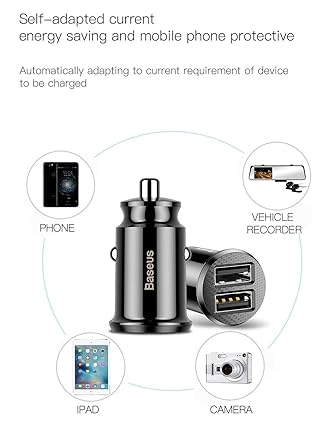 baseus grain dual usb car charger – 5v/3.1a fast charging adapter for smartphones & tablets – compact mini design – white