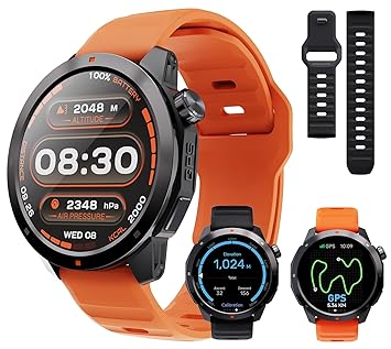 aolon gps smart watch for men, 1.43'' amoled smartwatch with compass/barometer/altimeter, heart rate/sleep monitor, 30m waterproof, 60+ sports fitness tracker for android/ios, black & orange (2 bands)