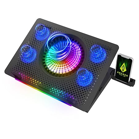 archer tech lab cooling pad stand for gaming laptop with rgb lighting, 5 turbo cooler fans, 5 adjustable angles, aluminum metal grid, phone holder, supports upto 17" laptop for gaming work(squall 200)