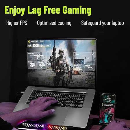 archer tech lab cooling pad stand for gaming laptop with rgb lighting, 5 turbo cooler fans, 5 adjustable angles, aluminum metal grid, phone holder, supports upto 17" laptop for gaming work(squall 200)