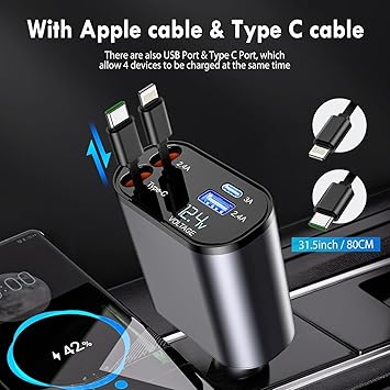 120w fast car charger (2025 new version) with 80cm retractable type c charging for 4 devices – universal car mobile charger for all smartphones & tablets (car charger)