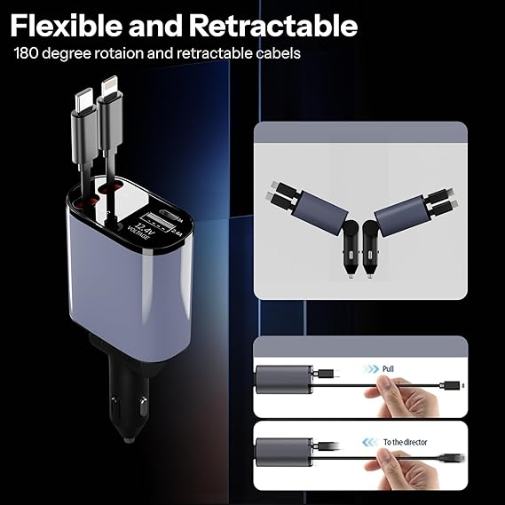 ailkin 120w 4 in 1 retractable car charger,super fast charge car phone charger,retractable cables & 2 usb ports car adapter for android