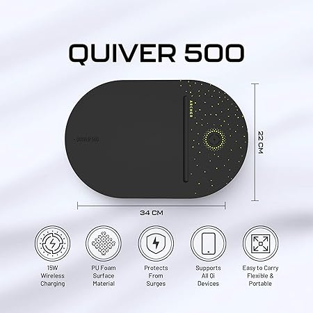 archer tech lab quiver 500 gaming mousepad, 15w wireless charging, all qi device compatible, surge protection, high speed+ low friction pu foam surface, plug & play, compact, portable