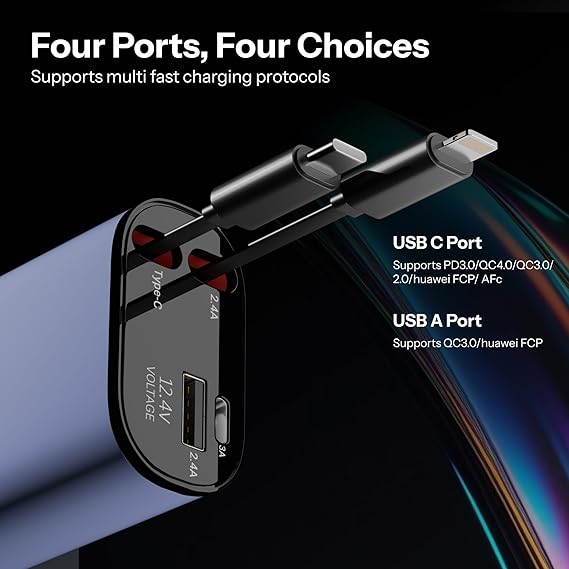 ailkin 120w 4 in 1 retractable car charger,super fast charge car phone charger,retractable cables & 2 usb ports car adapter for android