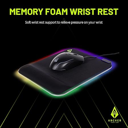 archer tech lab gaming mouse pad with gel memory foam wrist support, low friction & smooth pu surface, 15 rgb modes, non slip rubber base, ergonomic mousepad for laptop, pc, home, office (quiver 200)