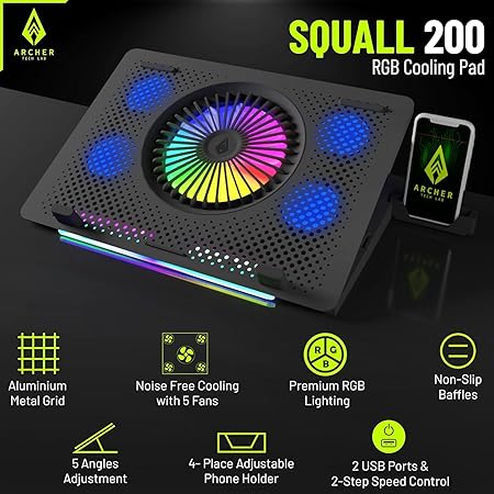 archer tech lab cooling pad stand for gaming laptop with rgb lighting, 5 turbo cooler fans, 5 adjustable angles, aluminum metal grid, phone holder, supports upto 17" laptop for gaming work(squall 200)